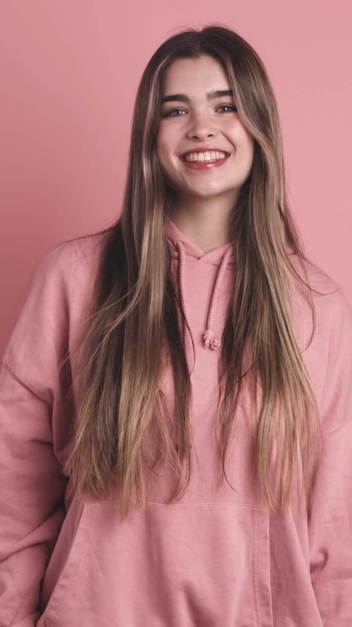 Positing woman with long hair smiling in pink studio