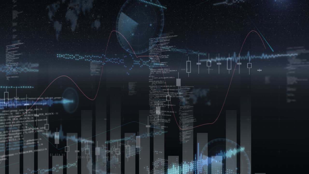 Animation of glowing interface with charts and information moving on black background