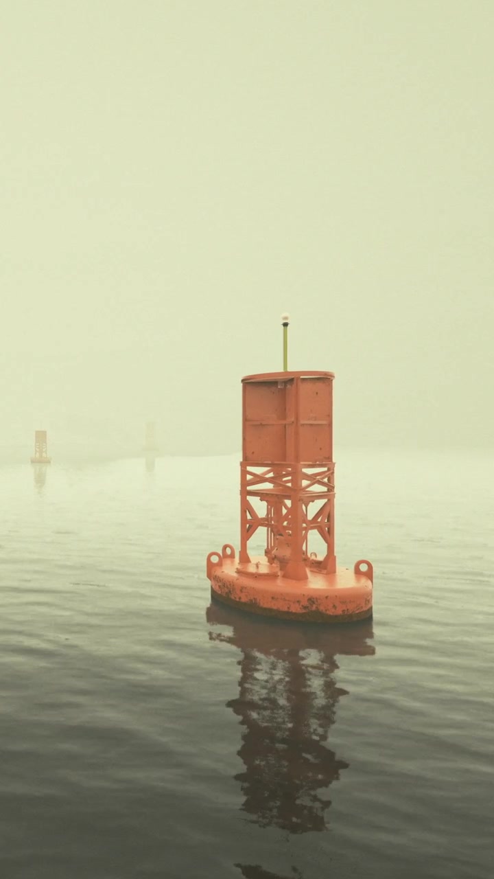 Floating buoy in foggy water at dawn near a coastal area