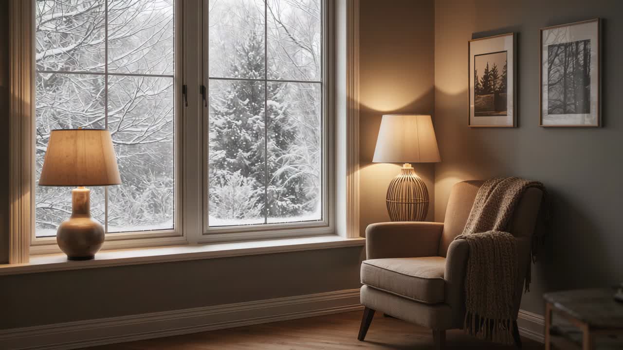 Panning camera showing chair draped throw and lamp in reading nook framing snowy window, copy space