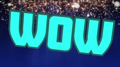 digital animation of neon wow text floating against glowing spots of light on blue background