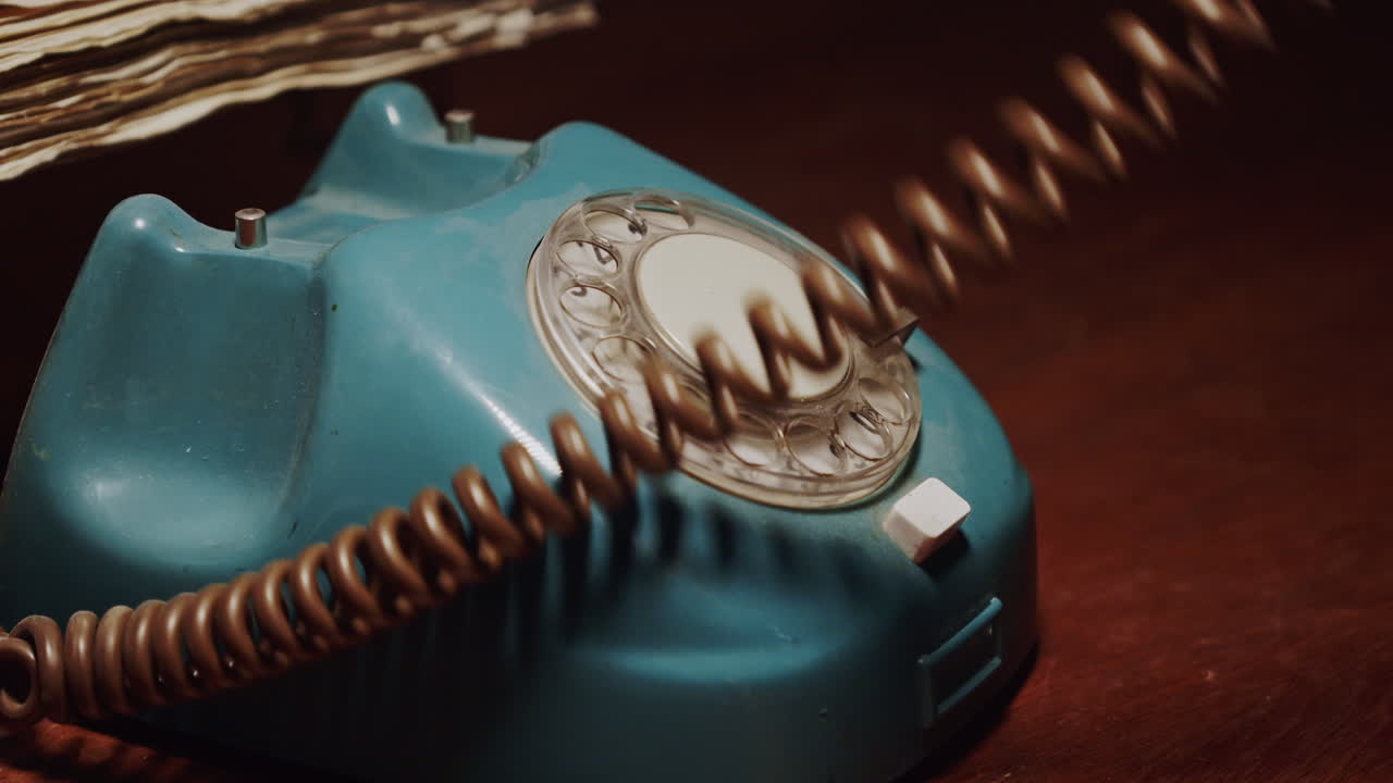 Close-up jari yang mengetuk tak sabar di meja kayu sebelum mengangkat telepon retro. Cocok untuk menggambarkan antisipasi, tenggat waktu, atau petunjuk investigasi.