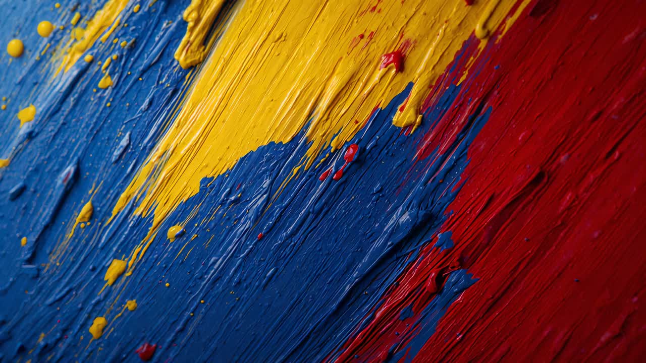 Spostamento della camera che rivela una vernice blu, gialla e rossa texturizzata in studio, evidenziando le creste a impasto