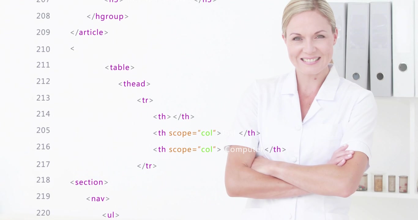 Terapista che scioglie e congiunge le mani mentre il codice HTML scorre, evidenziando un rischio per la sicurezza.