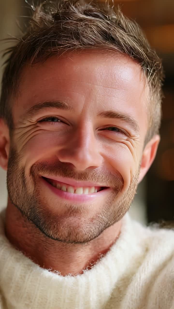 A joyful man with a charming smile, wearing a cozy sweater, radiates warmth and happiness, capturing the essence of contentment and positivity in life