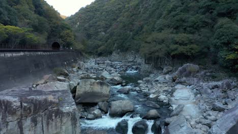 mukogawa river along takedao hiking trail, flying upstream on autumn morning