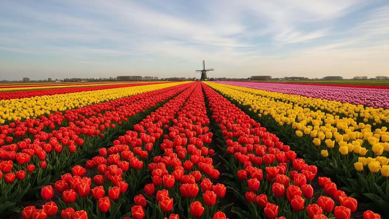A Stunning Landscape of Vibrant Tulip Fields Under a Bright Sky Featuring Rows of Colorful Blooms Complemented by a Classic Windmill in the Background