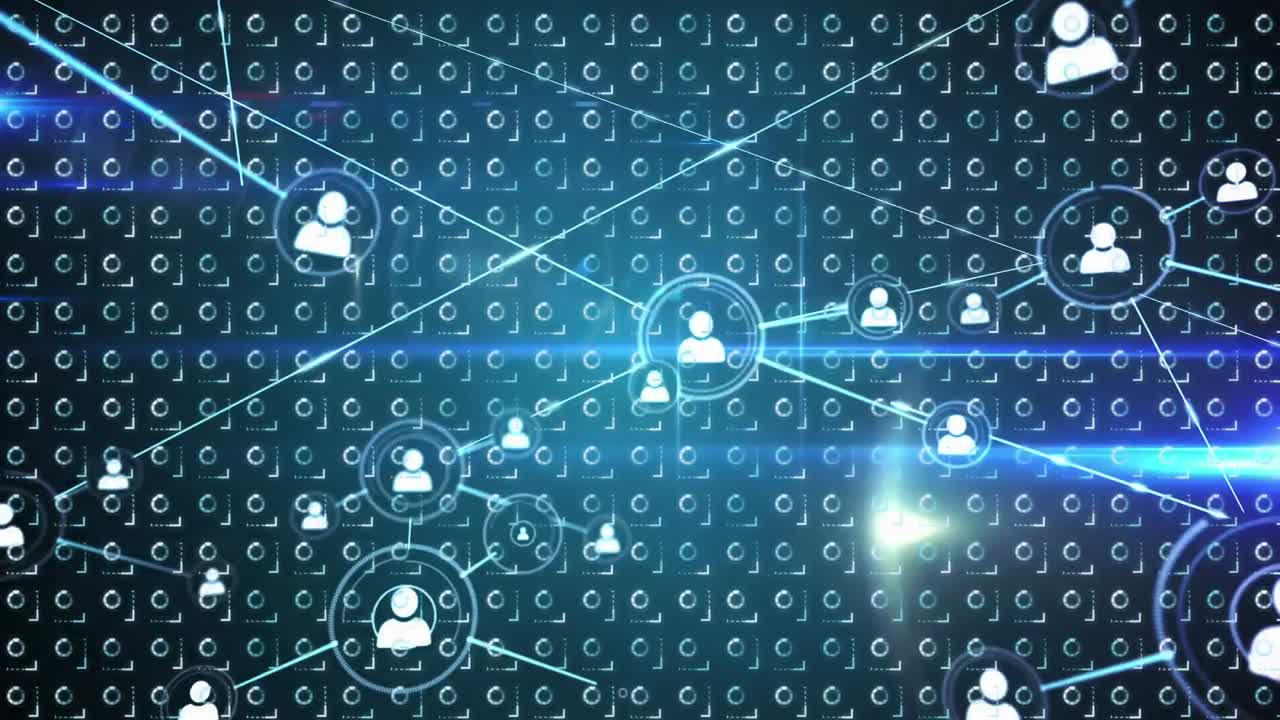 Animation of network of connections and data processing over dark background