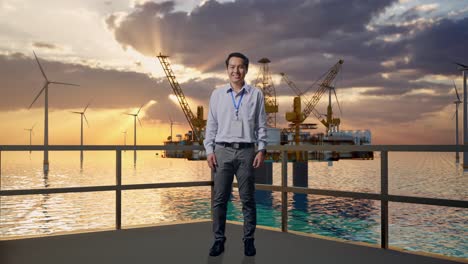 businessman on oil rig with wind turbines at sunset
