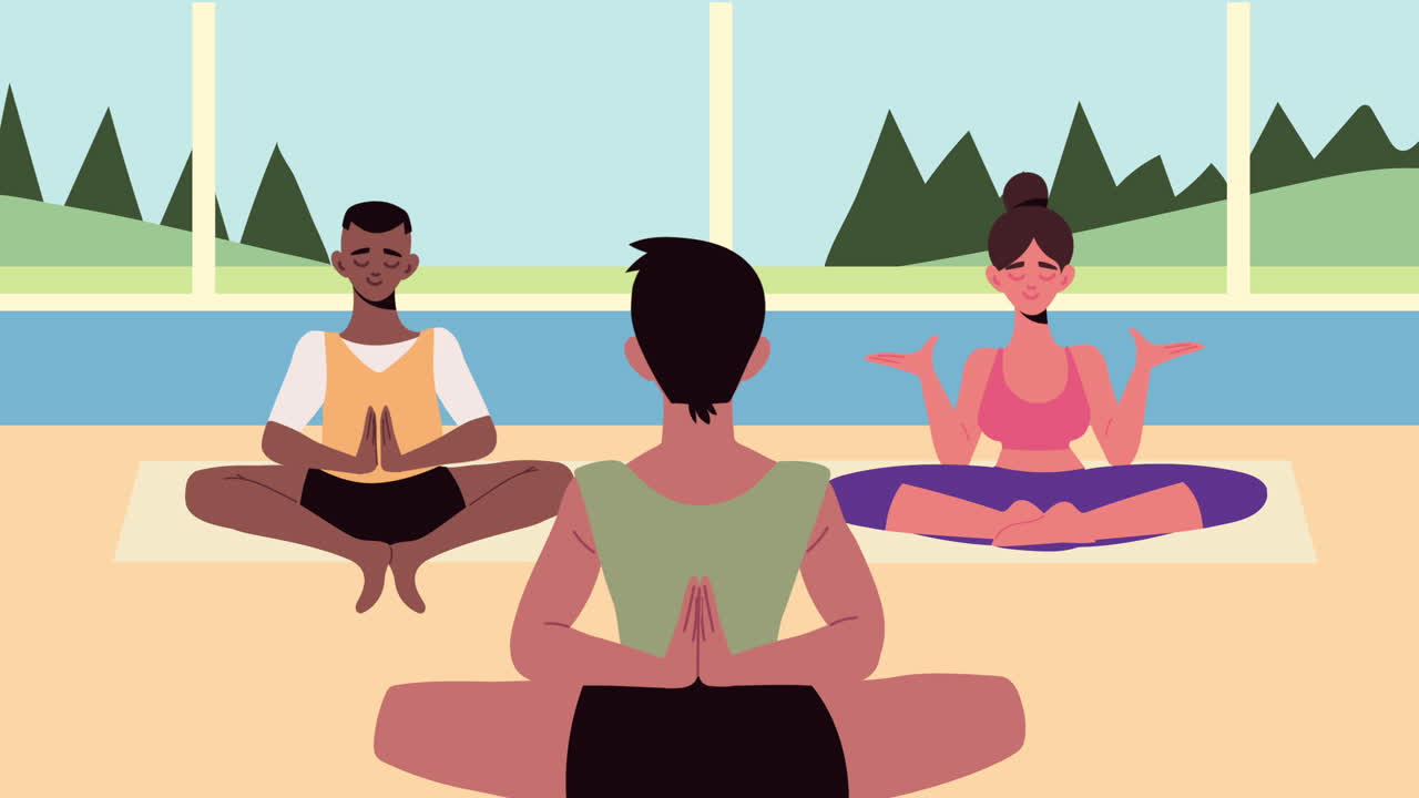 personas interraciales practicando personajes de yoga
