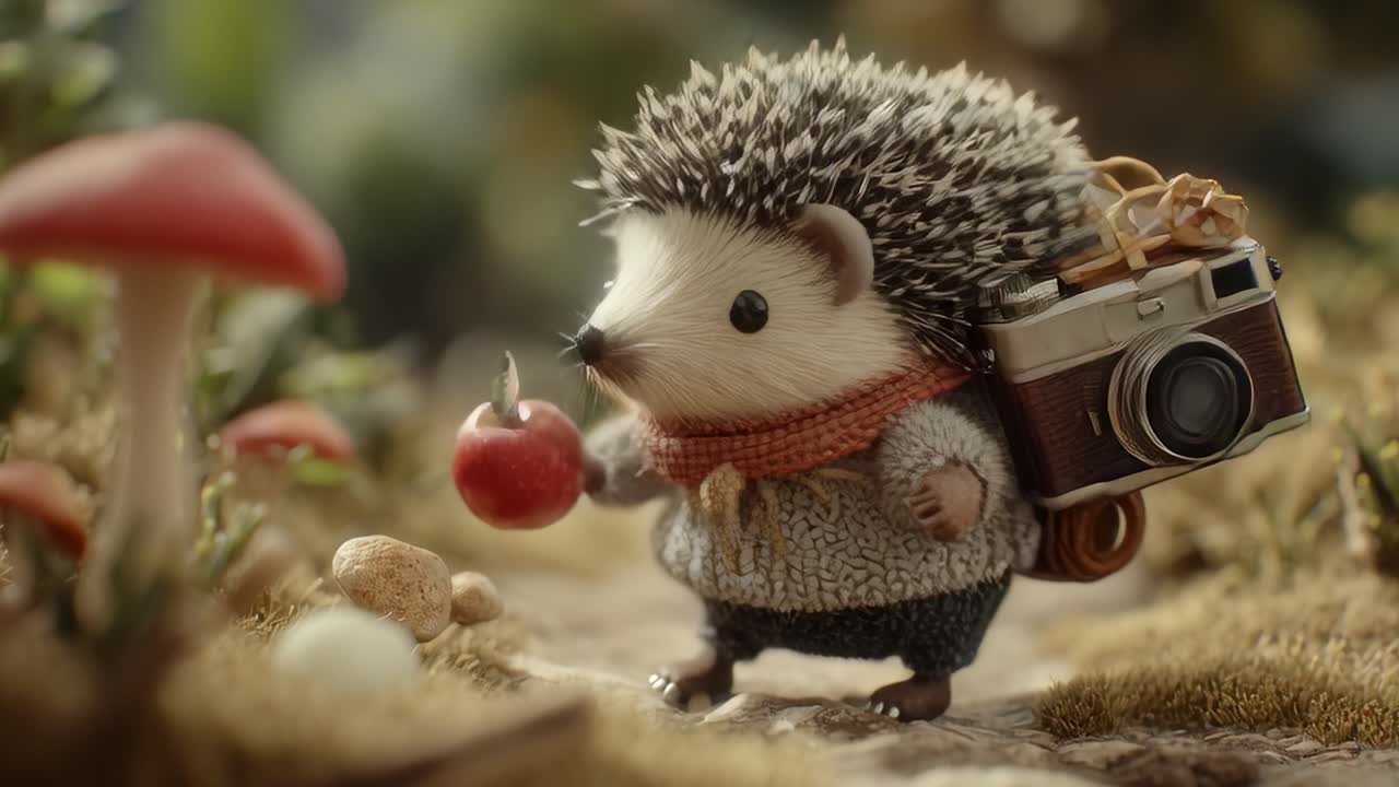 A Charming Hedgehog Adventurer with a Camera Enjoying Nature While Carrying an Apple Amidst Mushrooms and Moss in a Whimsical Forest Setting