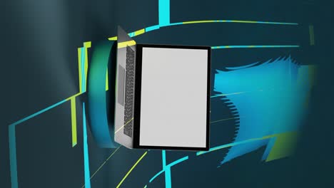 portátil moderno con pantalla blanca en blanco exhibición de producto vitrina precio especial descuento animación de renderización 3d alta tecnología fondo binario abstracto