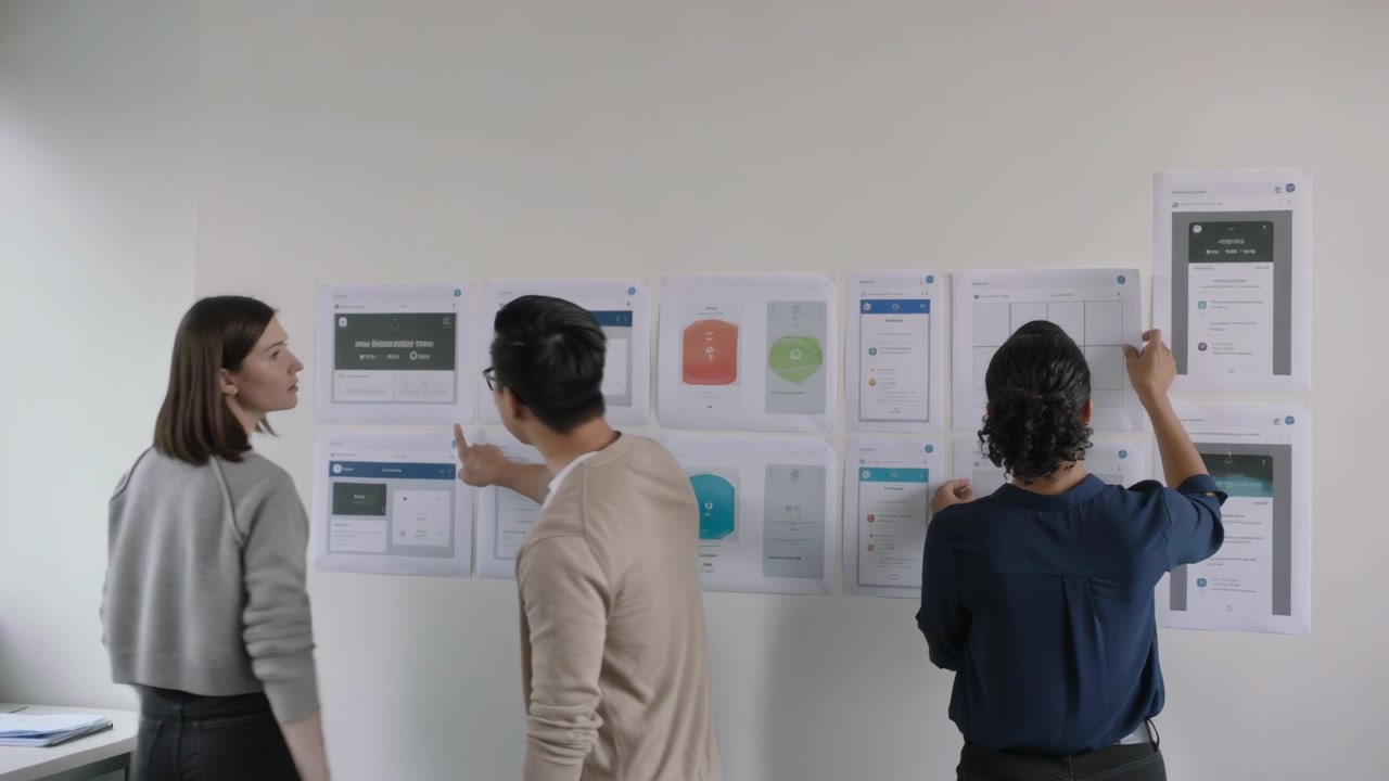 Review starting, three coworkers in businesswear arranging app screens on wall to organize layout