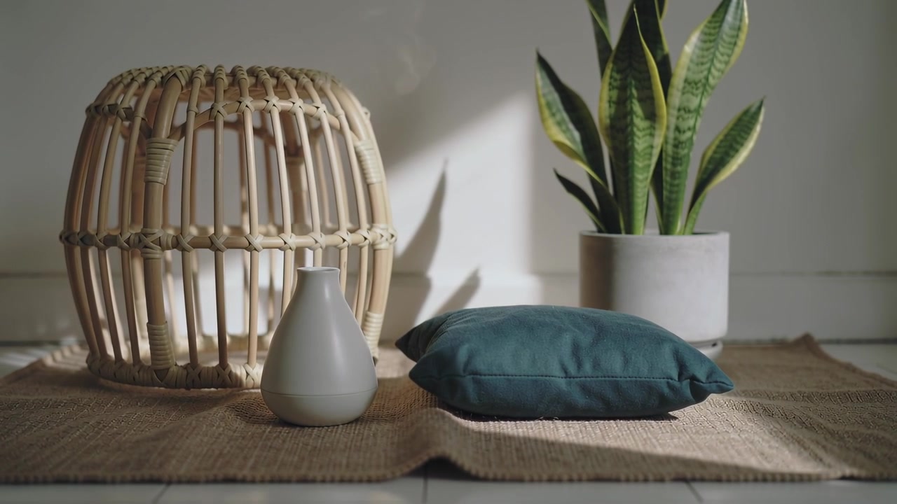 Panning camera showing floor scene with lantern, snake plant, sunlight shifting revealing shadows
