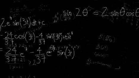 Mathematical equations moving against black background
