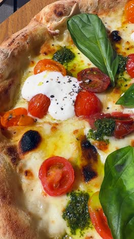delicious italian pizza with fresh tomatoes, basil and pesto