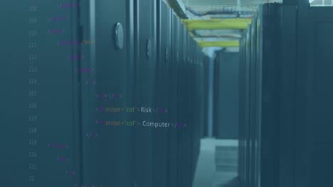 animación de lenguaje informático multicolor sobre la sala del servidor de datos en el fondo