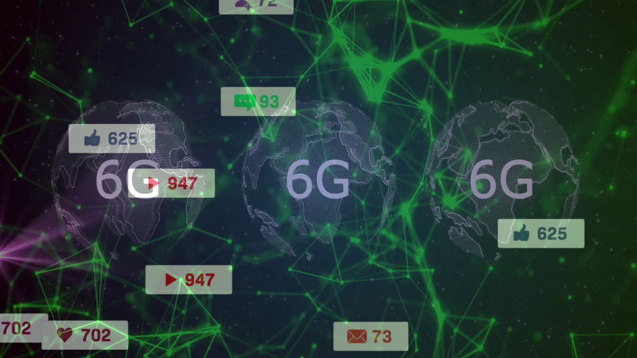 6G network connectivity animation over global map with social media notifications