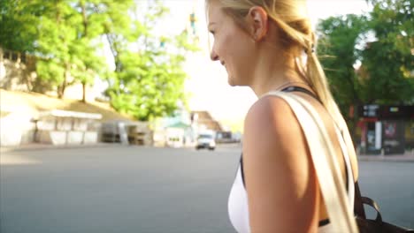 woman walking in a city street