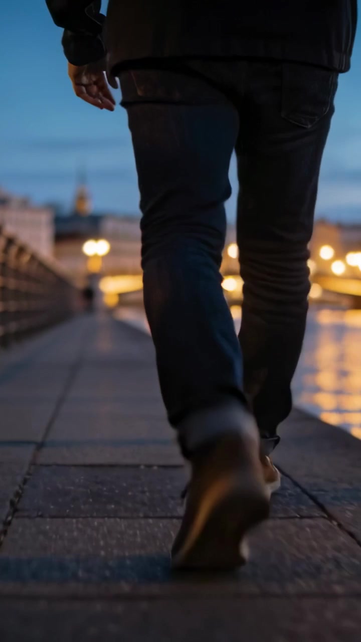 Video verticale: La telecamera si apre mostrando un singolo adulto che cammina su un sentiero lungo il fiume al tramonto, con una ringhiera.