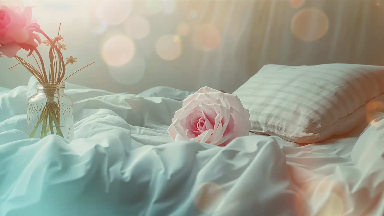 Entering soft light creating drifting bokeh over duvet in bedroom, single pale-pink rose centered