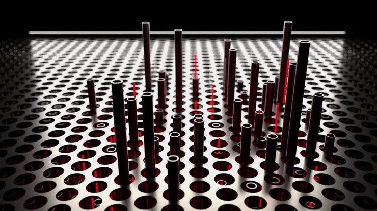 Futuristic Grid with Emerging Rods and Pulsing Red Light