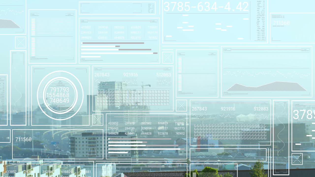 Animation of data processing over cityscape