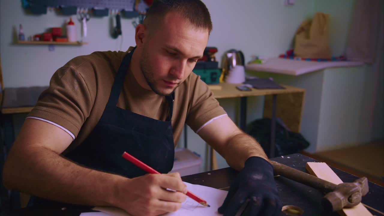 Uomo concentrato che disegna uno schizzo di design in laboratorio