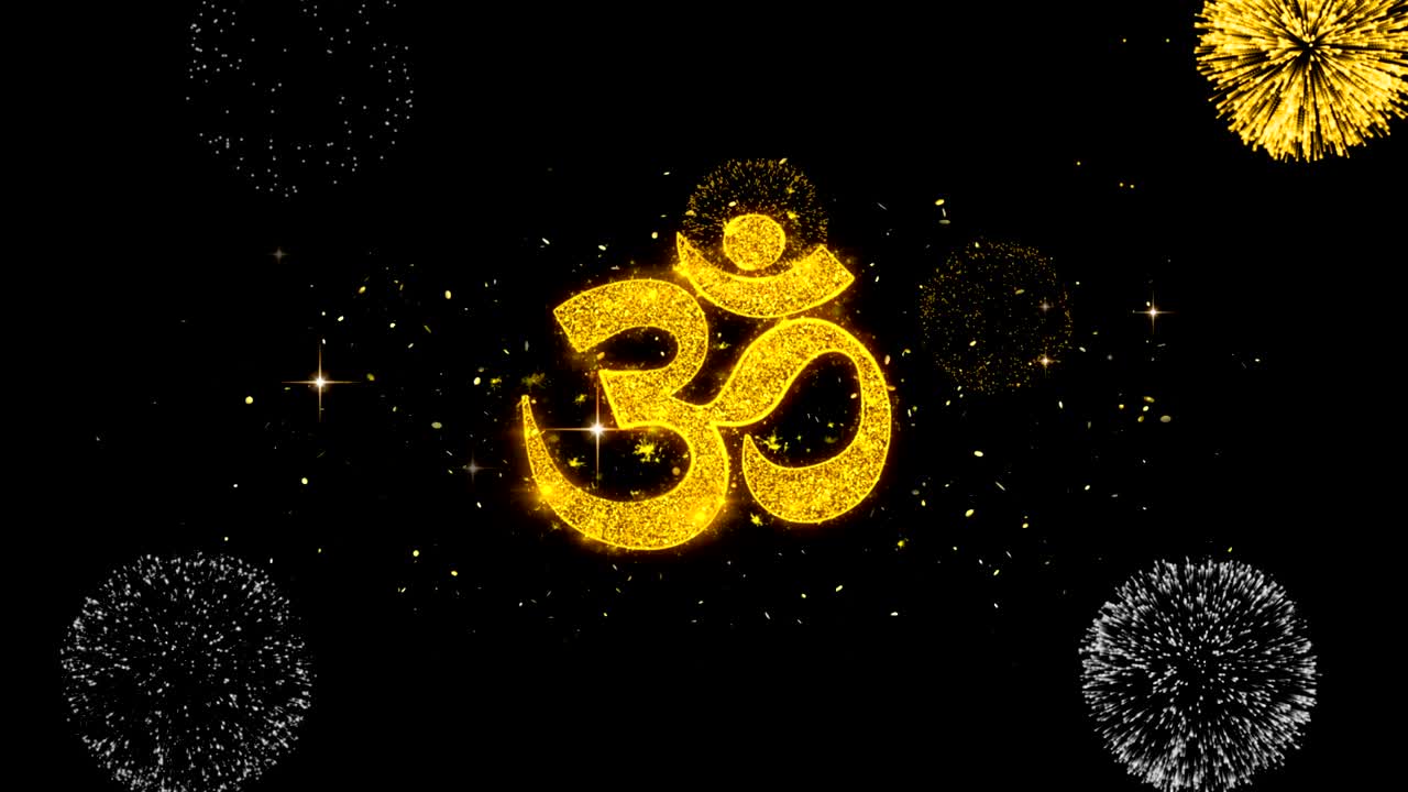 Om Particals  Golden Text Blinking Particles with Golden Fireworks Display