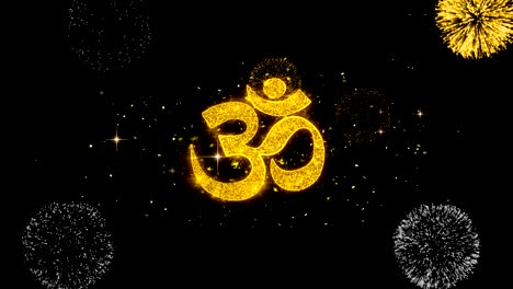 om particals  golden text blinking particles with golden fireworks display