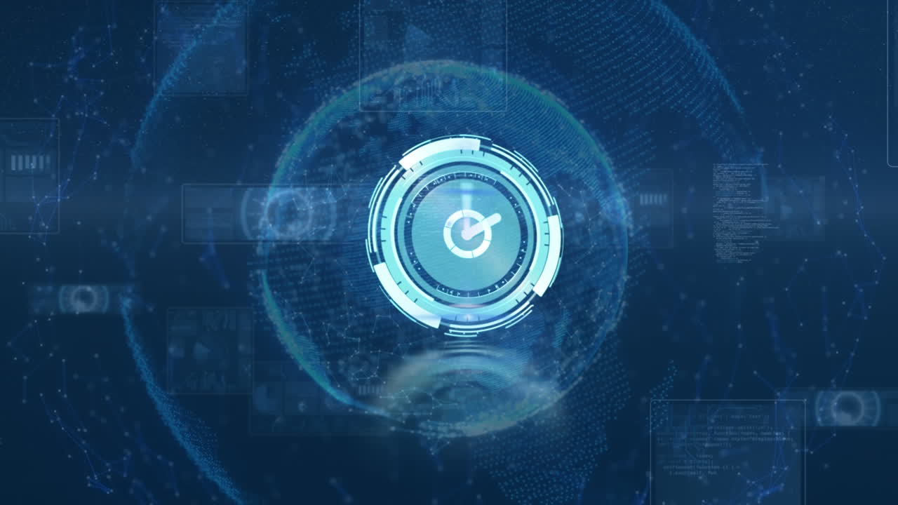 animación de reloj moviéndose sobre datos, conexiones y globo en fondo naval