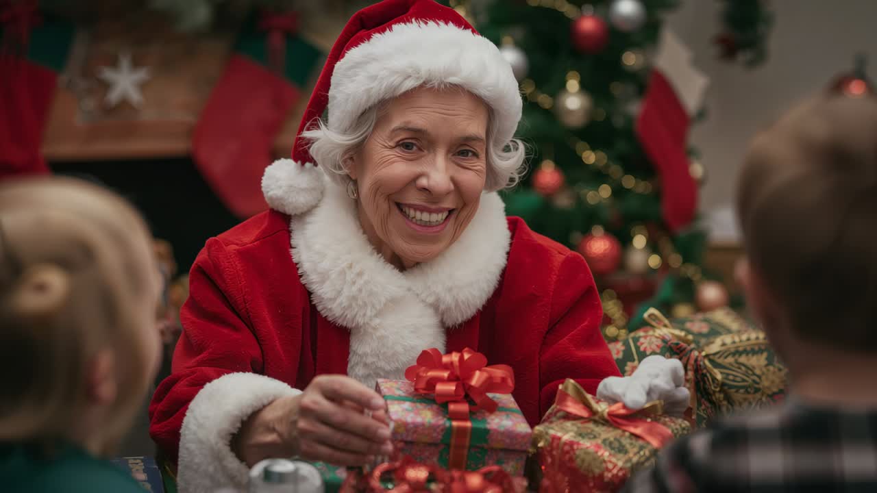 Offering senior woman in red coat and Santa hat presenting wrapped gift, children watching at home