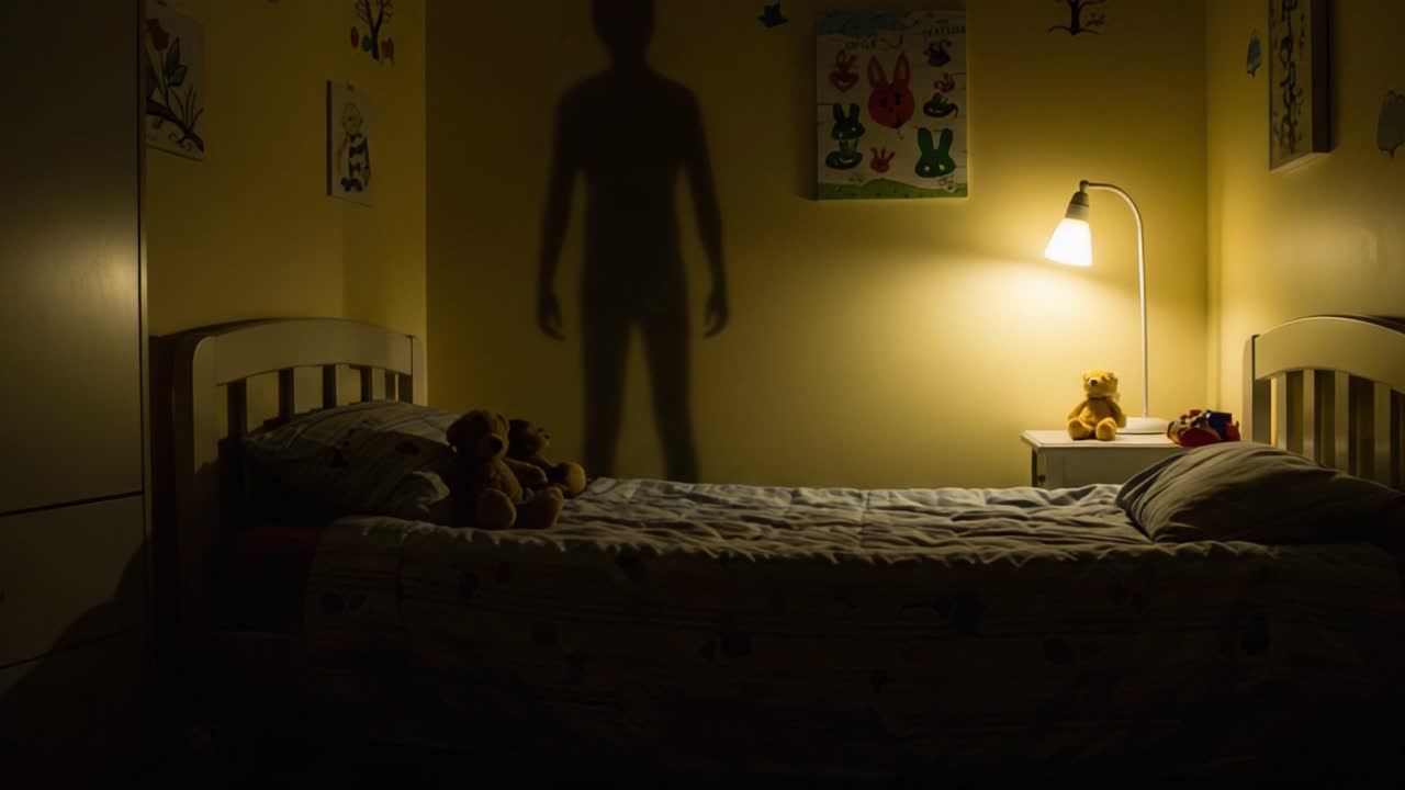 A Mysterious Presence in a Child's Bedroom: Exploring the Shadows and Comfort of a Cozy Space at Night Amidst Soft Toys and Dim Lighting