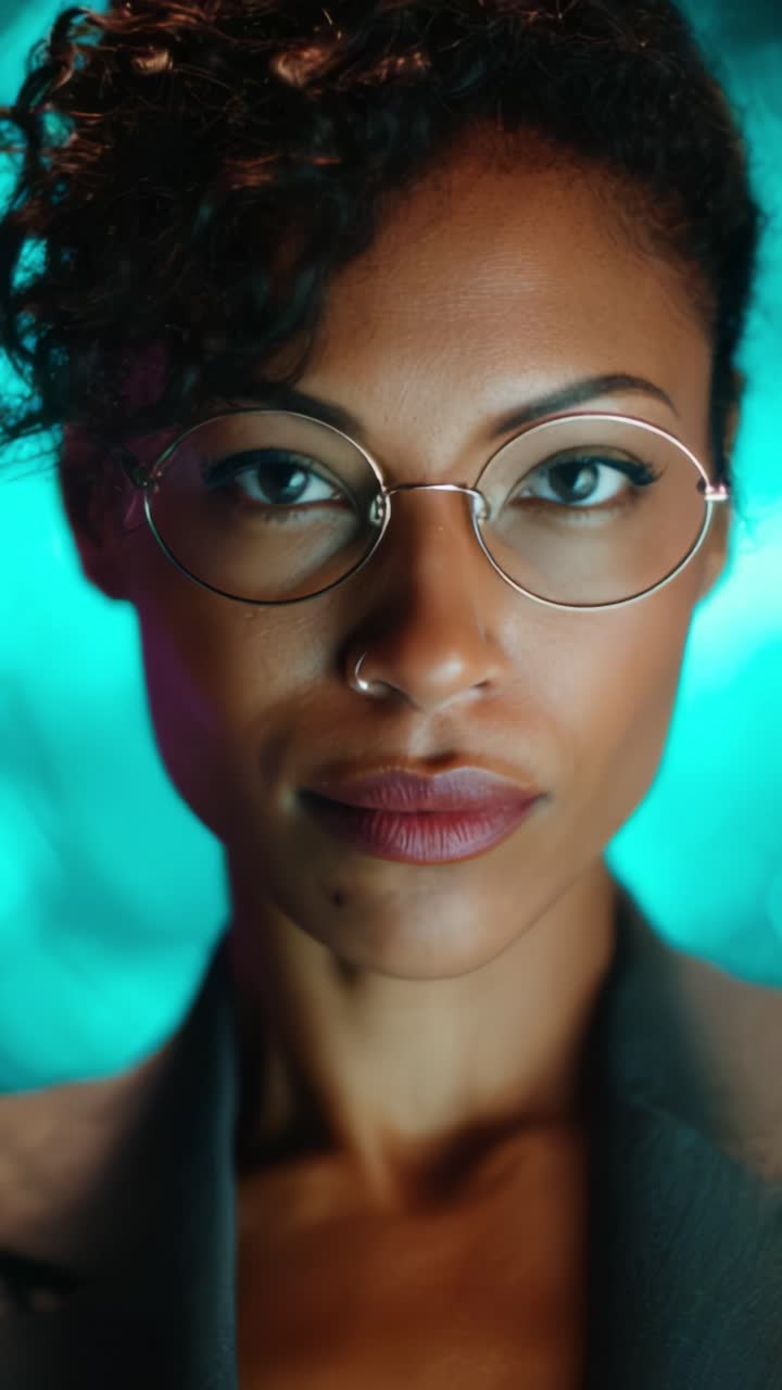 Intense Portrait of a Confident Woman with Curly Hair and Glasses Against a Vivid Background, Exemplifying Strength and Focus in Modern Aesthetics