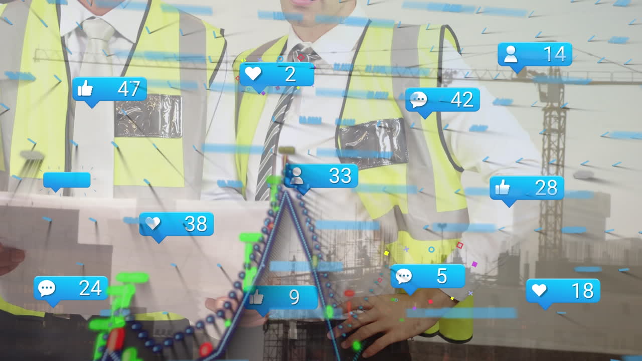 animación de iconos y números de las redes sociales sobre arquitectos varones caucásicos en el sitio de construcción