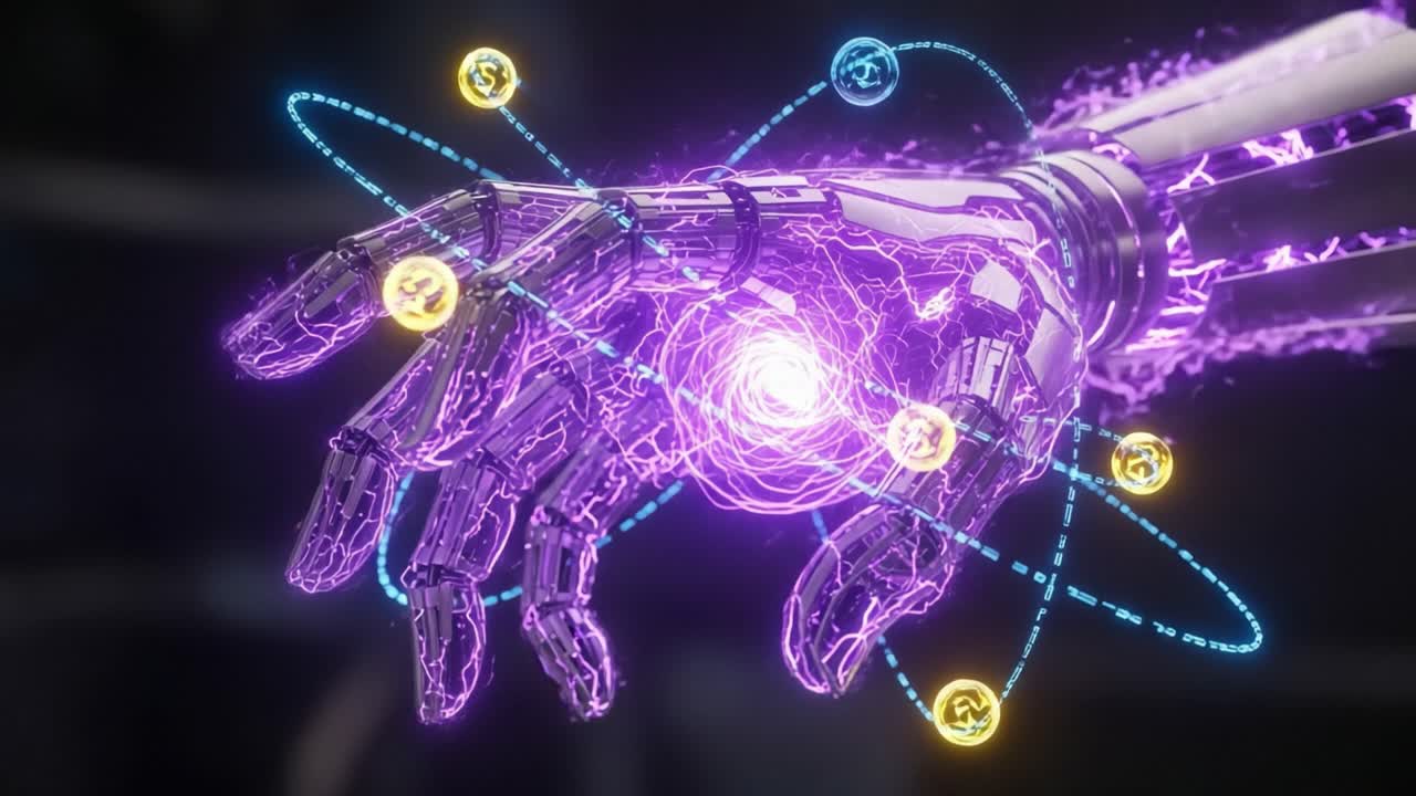 A Stunning Visualization of a Robotic Hand Emitting Energy with Orbiting Particles, Representing Advanced Technology and the Intersection of Robotics and Science
