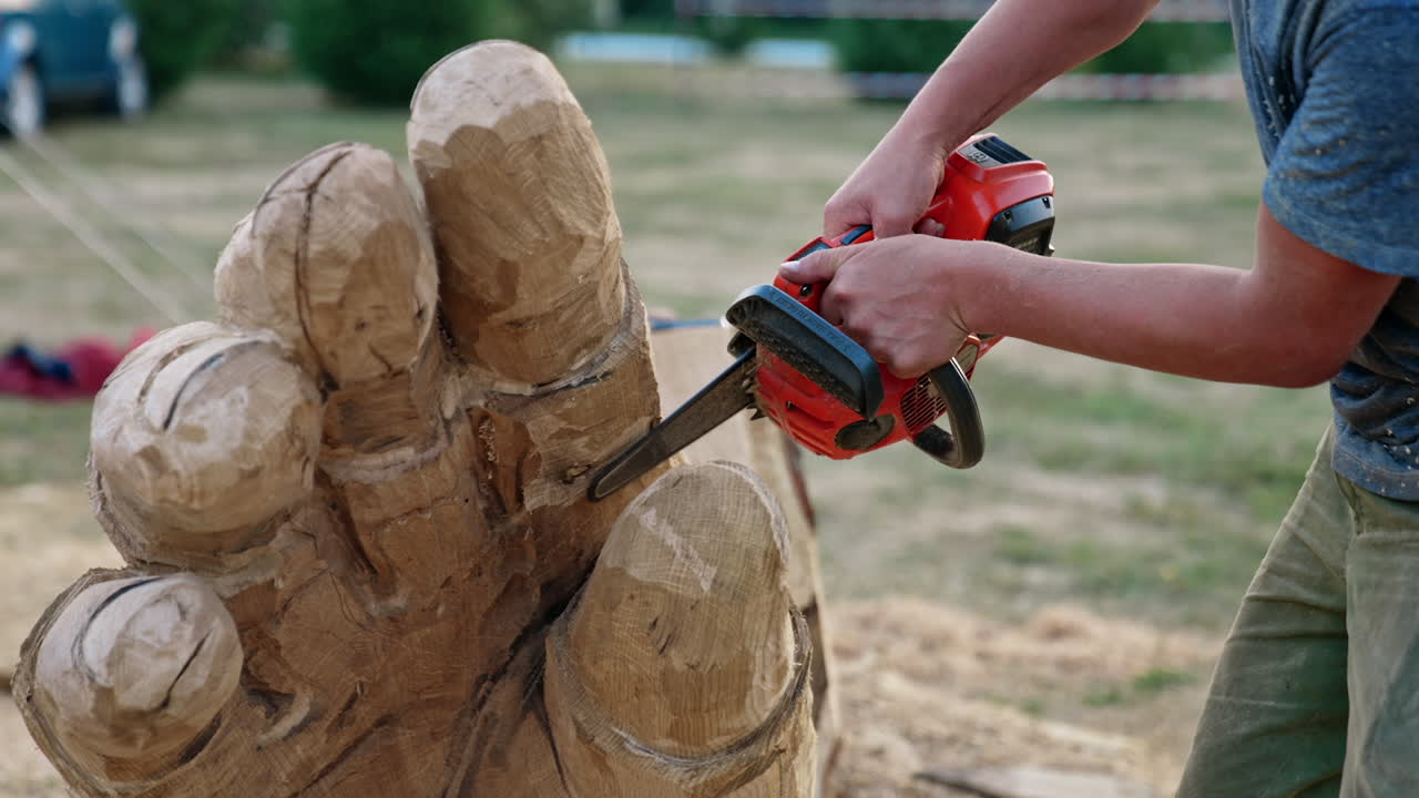 Process of making a sculpture of a hand from wood. Unrecognized craftsman works with chain saw creating an artwork of timber.
