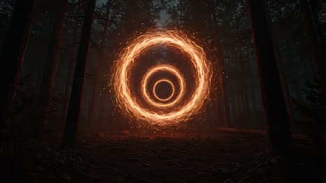 A mesmerizing display of fiery orbs in a dark forest creates an enchanting atmosphere, inviting viewers to explore the mystical realm between the inner and outer circles