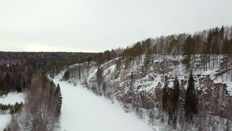 winter river landscape with snow-covered cliffs and trees