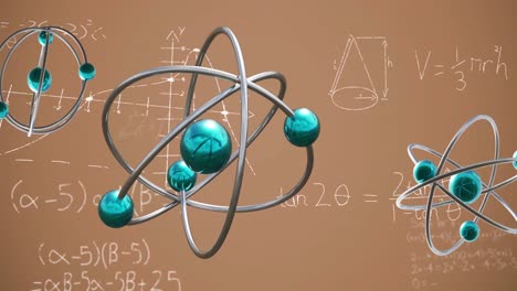 Animation-of-micro-of-atom-models-over-mathematical-formulae-on-blue-background