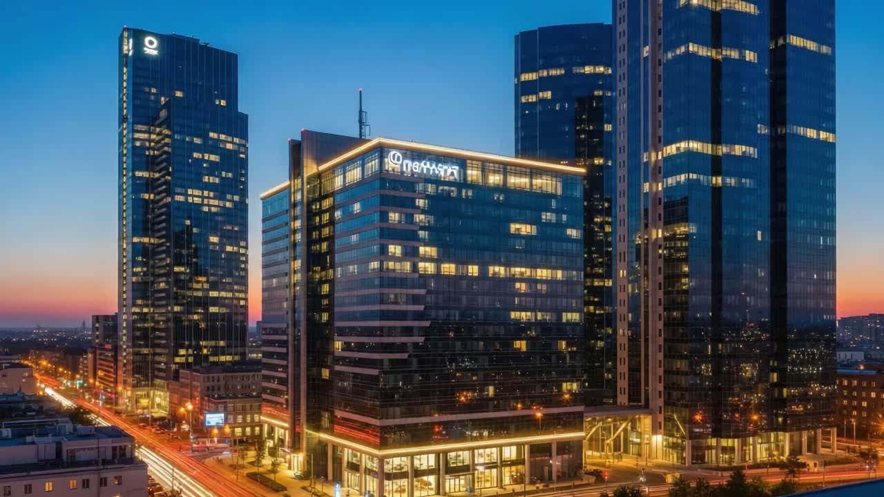 Modern city skyline at night with illuminated skyscrapers