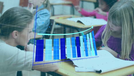 animation of statistics processing over diverse schoolchildren and female teacher in classroom