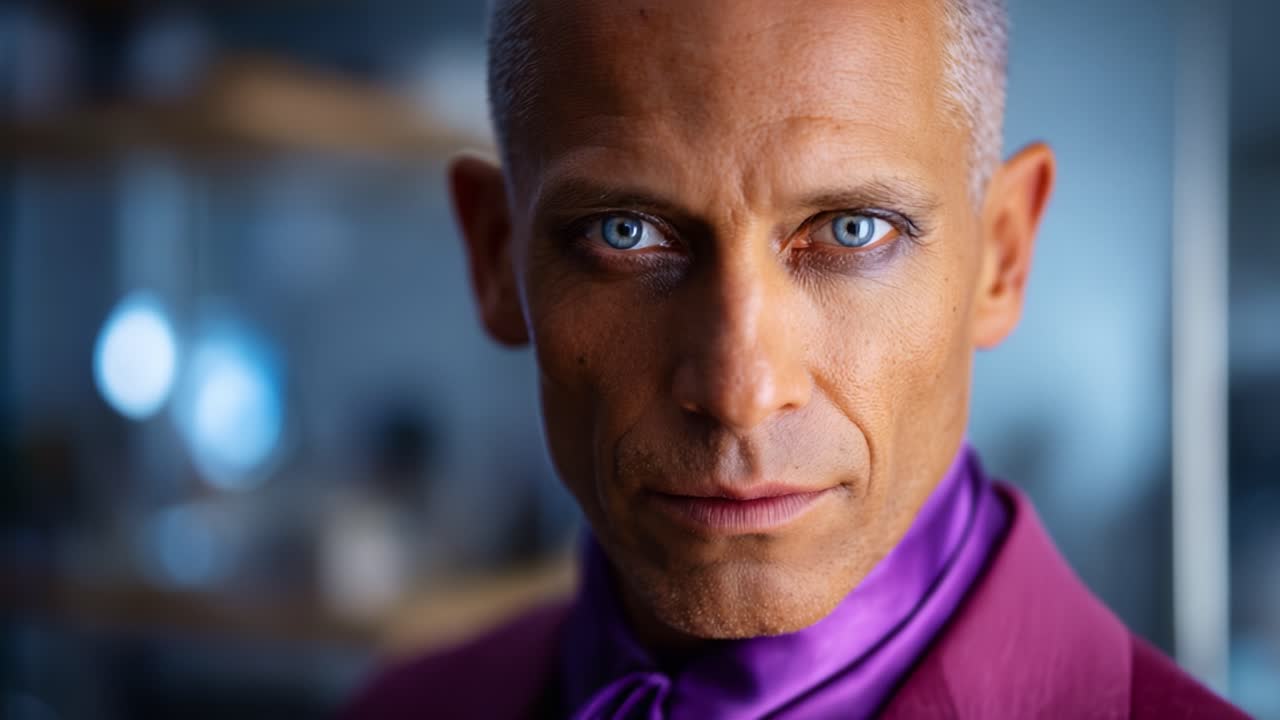 Primo piano intenso di una persona sicura di sé con occhi azzurri sorprendenti e un audace abbigliamento viola in un ambiente contemporaneo ben illuminato