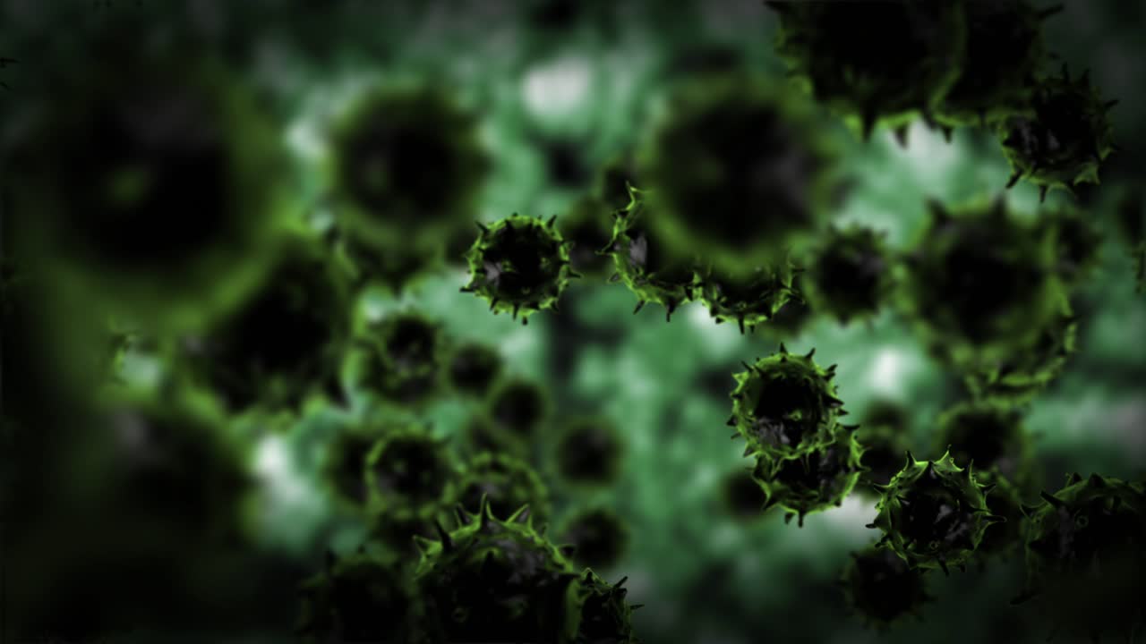 Microscopic View of Green Virus Cells Floating in 3D