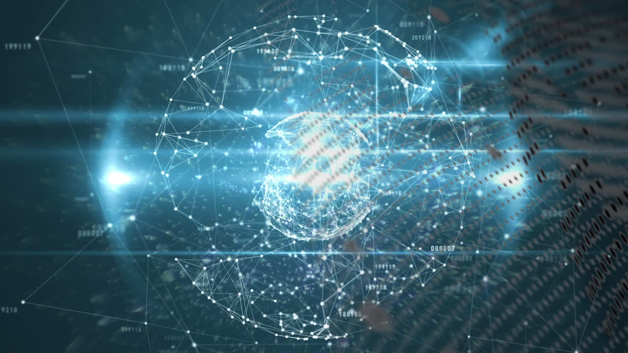 Blue spot of light over globe of network of connections against black background