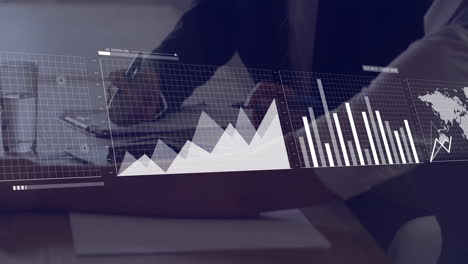 animation of financial data processing over diverse business people in office