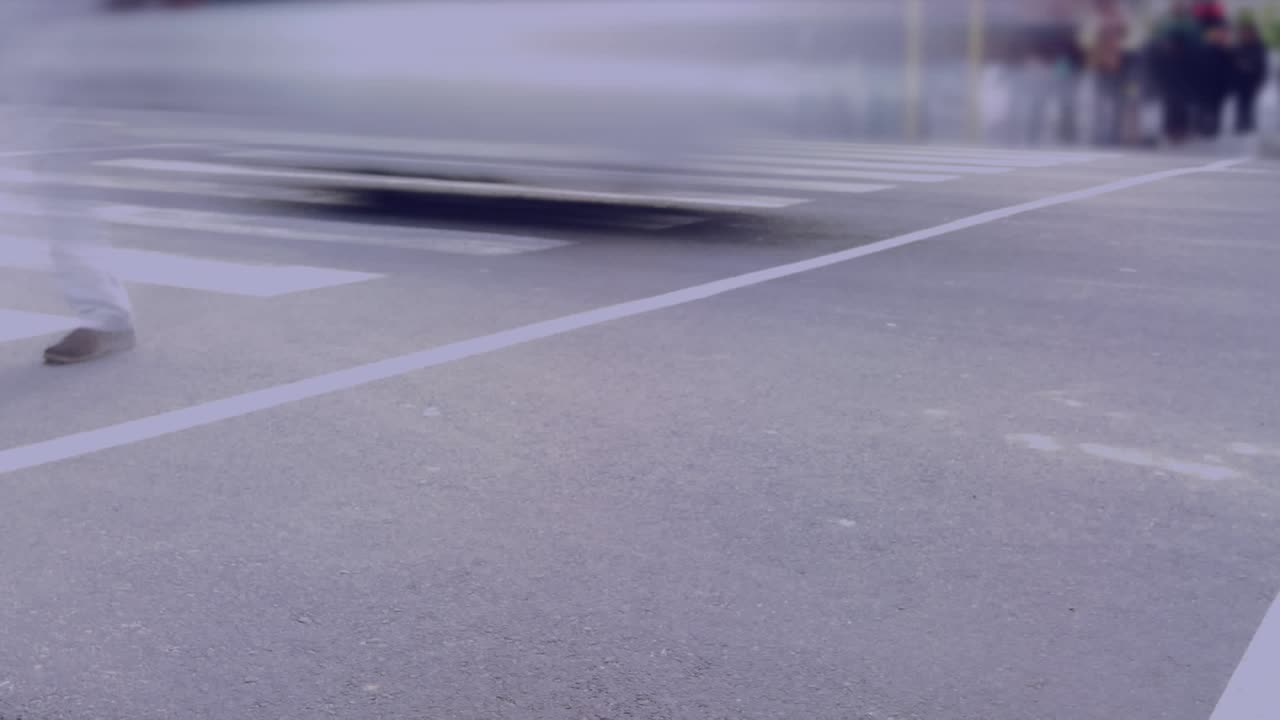 Animation of blue clouds and financial data processing over people walking in city street