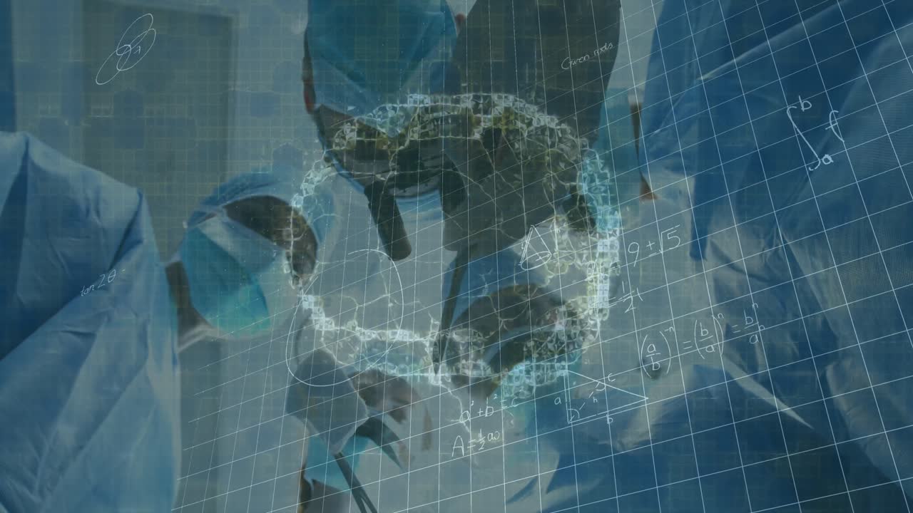 얼굴 마스크를 착용한 다양한 외과 의사들에 대한 인간 뇌의 애니메이션과 데이터 처리