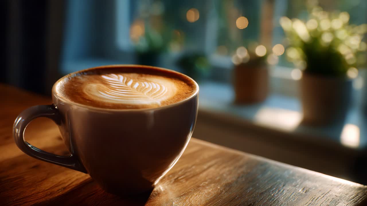 A Warm Coffee Cup with Beautiful Latte Art Set Against a Cozy Background of Soft Lighting and Green Plants, Evoking Comfort and Relaxation Moments