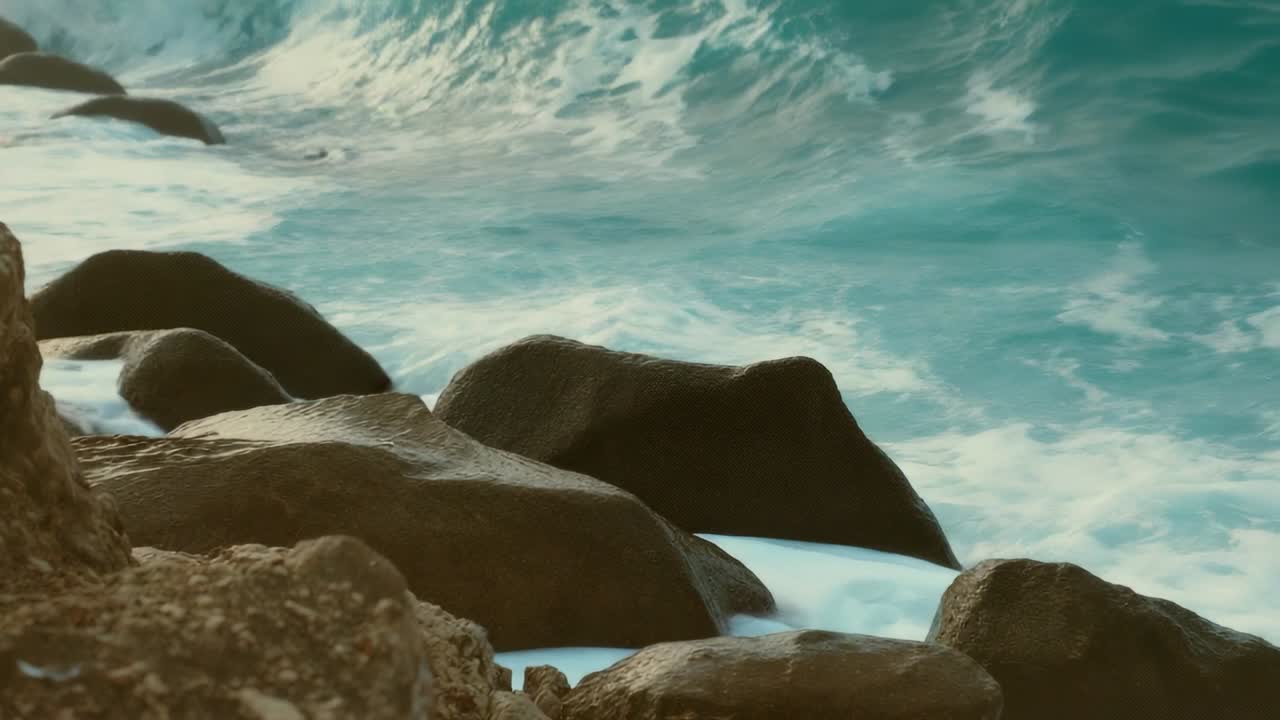 Swelling wave crashing onto dark coastal boulders at seacoast, white sea foam pooling, copy space